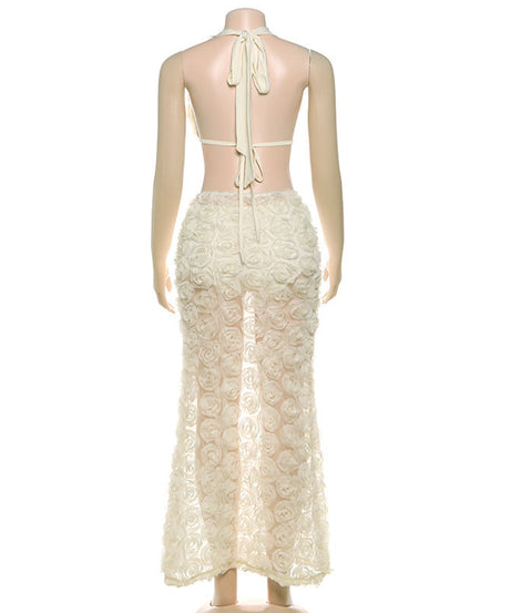 Stunning 3D Floral Halter Crop Top & Sheer Maxi Skirt Set | Holiday & Resort Wear