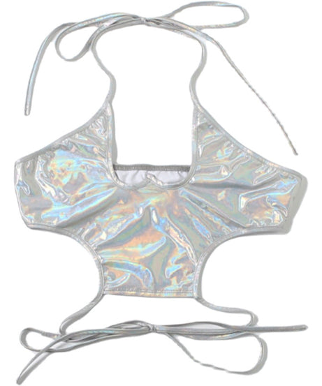 Shimmering Silver Holographic Halter Crop Top | Y2K Rave, Festival & Halloween Party Ready
