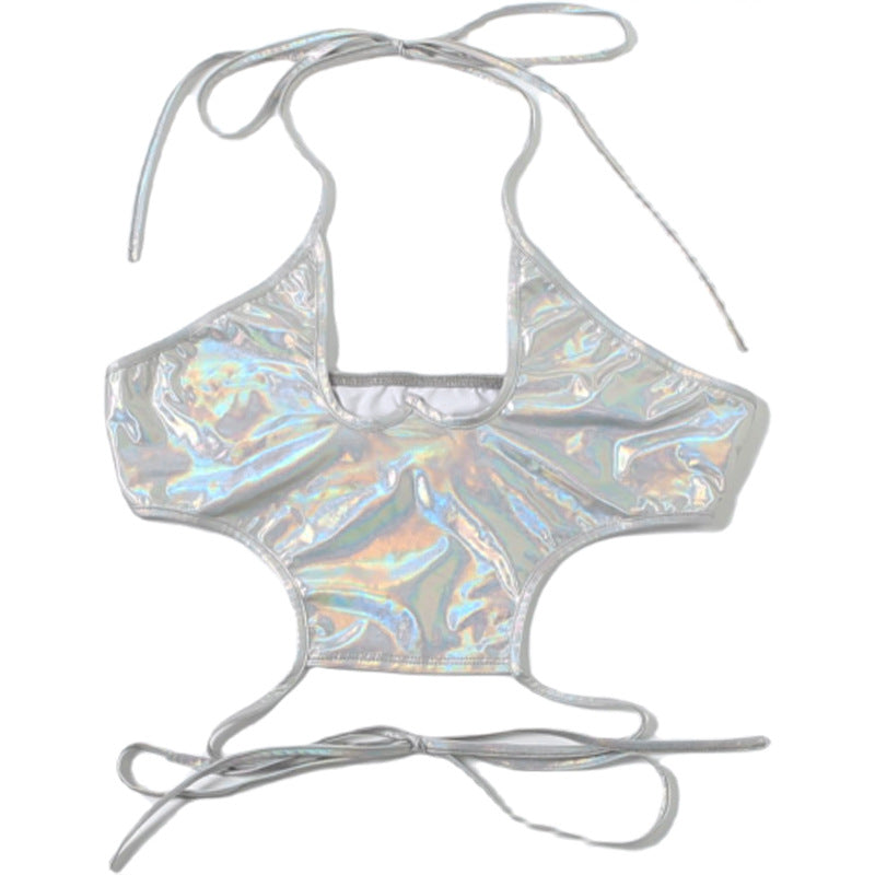 Shimmering Silver Holographic Halter Crop Top | Y2K Rave, Festival & Halloween Party Ready