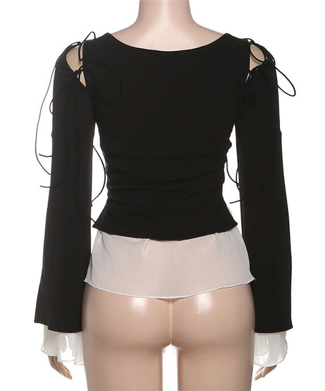 Enchanting Gothic Peplum Ruffle Blouse - Witchy Square Neck Tie-Sleeve Top for Fall & Halloween