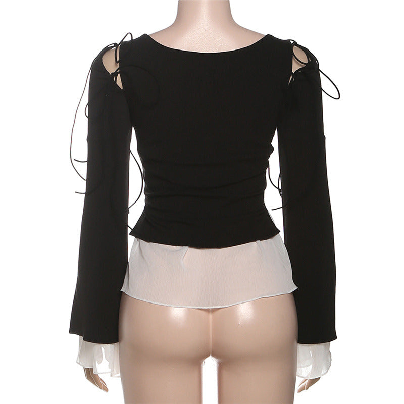 Enchanting Gothic Peplum Ruffle Blouse - Witchy Square Neck Tie-Sleeve Top for Fall & Halloween