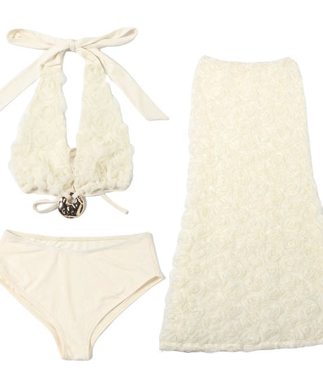 Stunning 3D Floral Halter Crop Top & Sheer Maxi Skirt Set | Holiday & Resort Wear