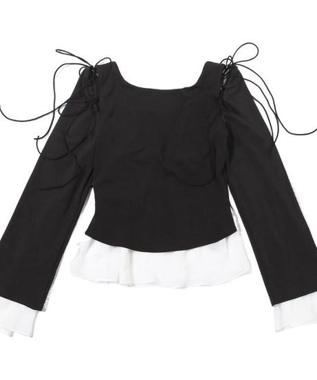 Enchanting Gothic Peplum Ruffle Blouse - Witchy Square Neck Tie-Sleeve Top for Fall & Halloween