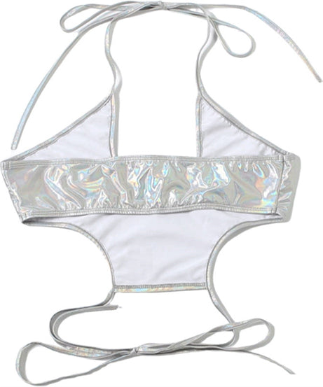 Shimmering Silver Holographic Halter Crop Top | Y2K Rave, Festival & Halloween Party Ready