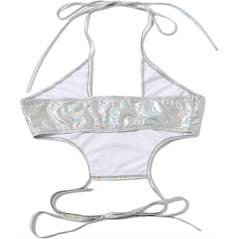 Shimmering Silver Holographic Halter Crop Top | Y2K Rave, Festival & Halloween Party Ready
