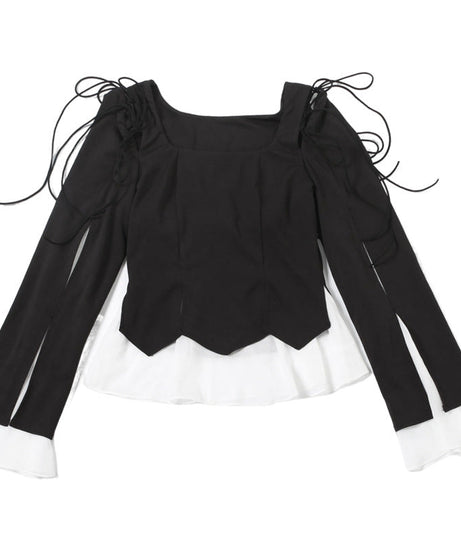 Enchanting Gothic Peplum Ruffle Blouse - Witchy Square Neck Tie-Sleeve Top for Fall & Halloween