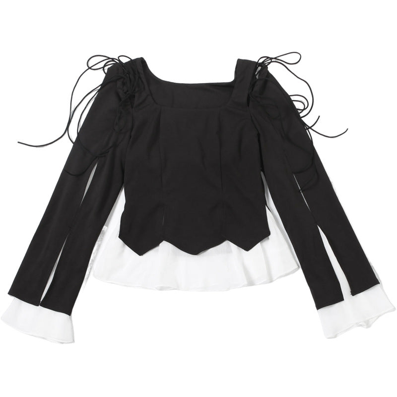 Enchanting Gothic Peplum Ruffle Blouse - Witchy Square Neck Tie-Sleeve Top for Fall & Halloween