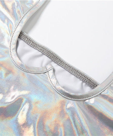 Shimmering Silver Holographic Halter Crop Top | Y2K Rave, Festival & Halloween Party Ready