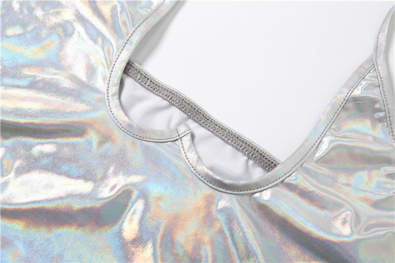 Shimmering Silver Holographic Halter Crop Top | Y2K Rave, Festival & Halloween Party Ready