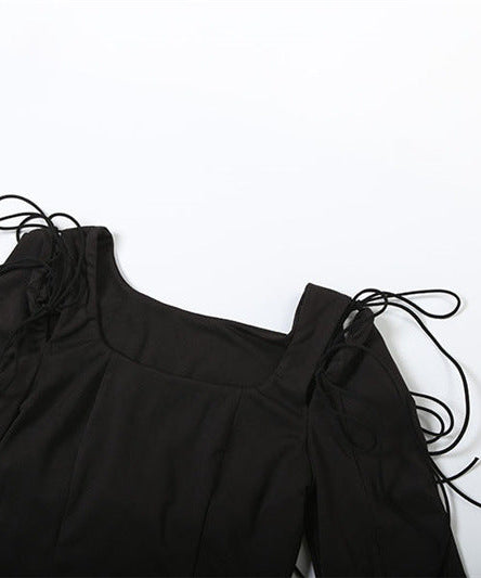 Enchanting Gothic Peplum Ruffle Blouse - Witchy Square Neck Tie-Sleeve Top for Fall & Halloween