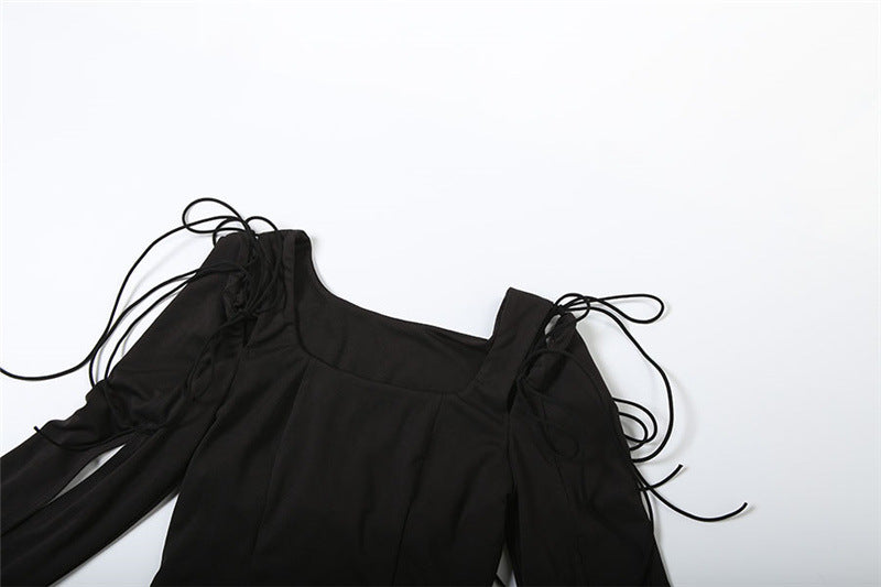 Enchanting Gothic Peplum Ruffle Blouse - Witchy Square Neck Tie-Sleeve Top for Fall & Halloween