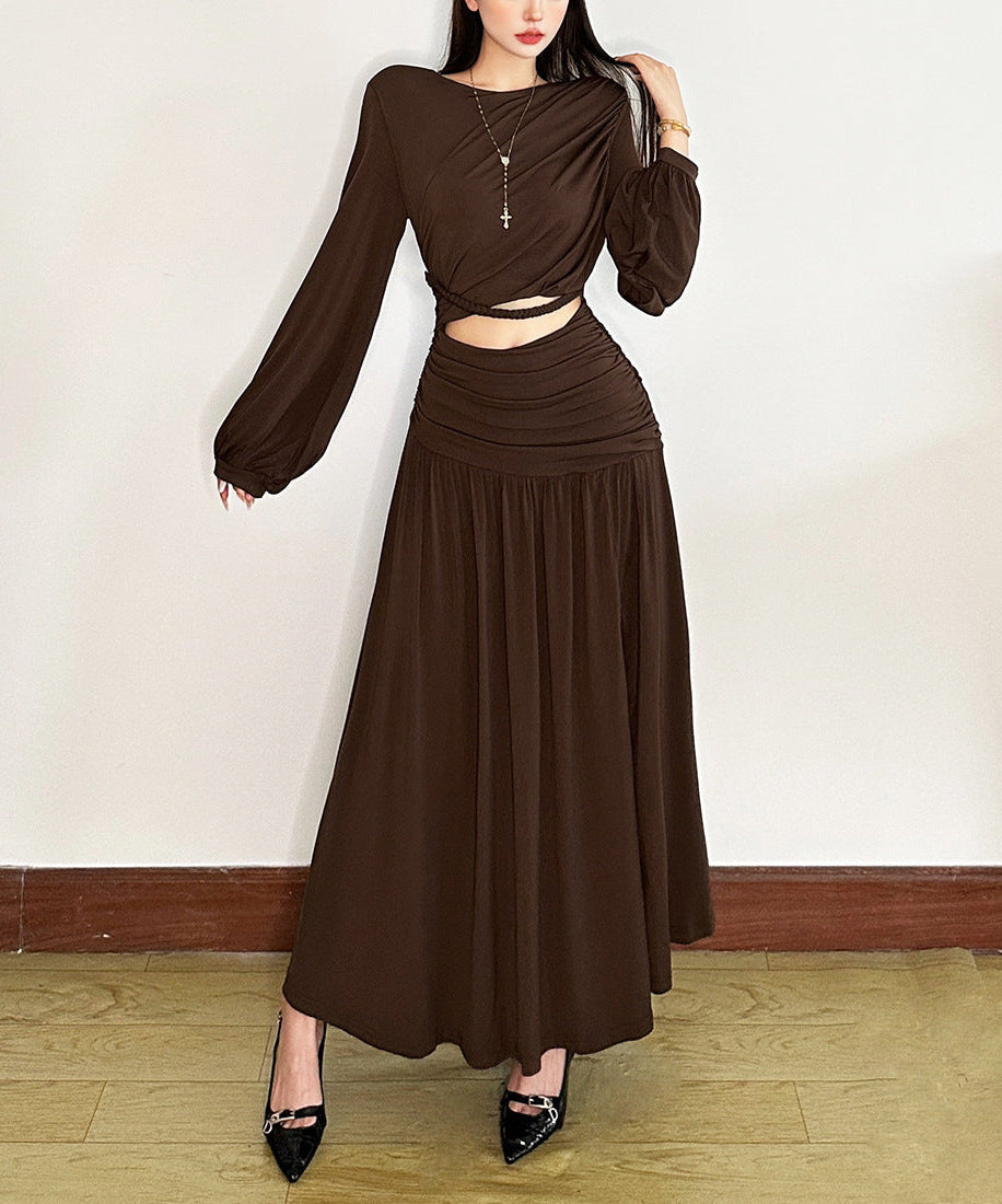 Autumn Glow Chocolate Ruched Maxi Set - Elegant Crop Top & Skirt for Fall & Holidays