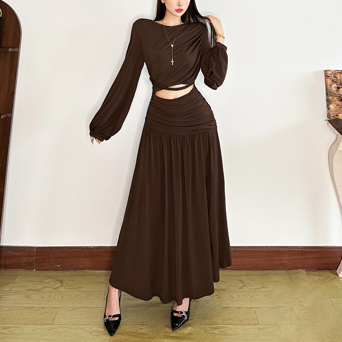Autumn Glow Chocolate Ruched Maxi Set - Elegant Crop Top & Skirt for Fall & Holidays