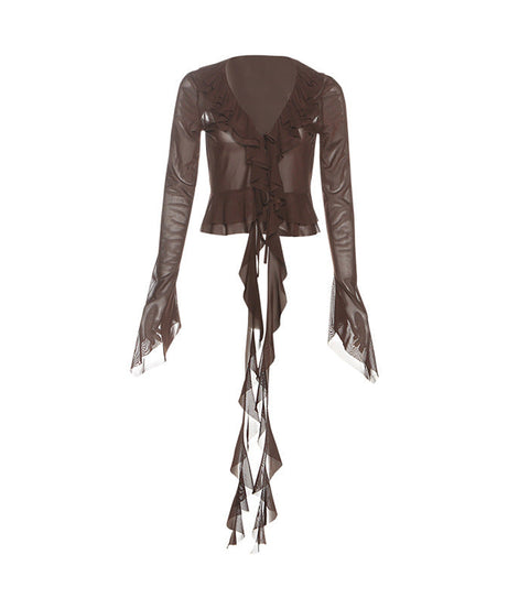 Enchanting Autumn Romance: Sheer Ruffle Bell Sleeve Top - Bohemian Layering Blouse
