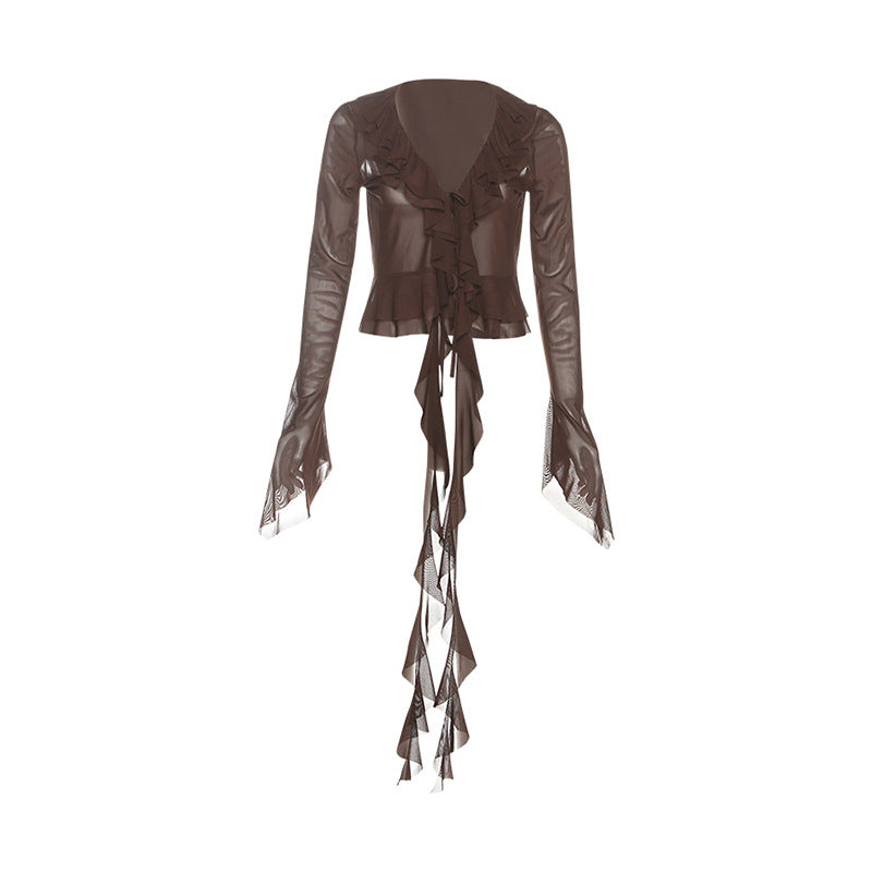 Enchanting Autumn Romance: Sheer Ruffle Bell Sleeve Top - Bohemian Layering Blouse
