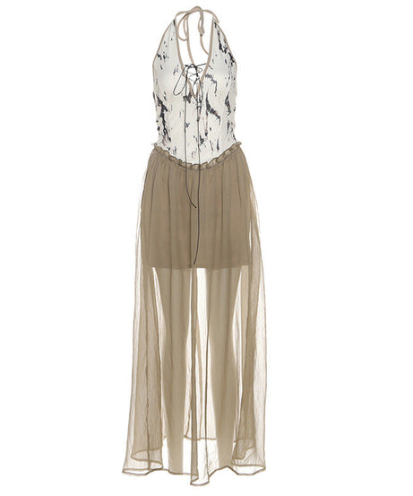 Ethereal Marble Print Halter Maxi Dress - Boho Chic Fall Layering Statement