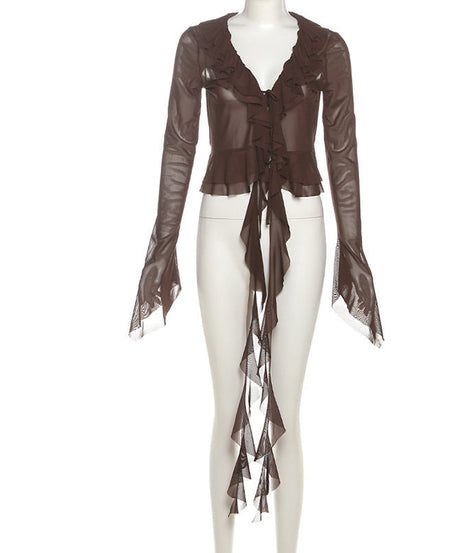 Enchanting Autumn Romance: Sheer Ruffle Bell Sleeve Top - Bohemian Layering Blouse