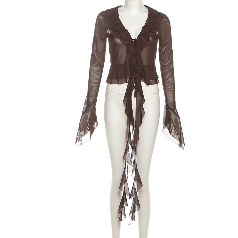 Enchanting Autumn Romance: Sheer Ruffle Bell Sleeve Top - Bohemian Layering Blouse