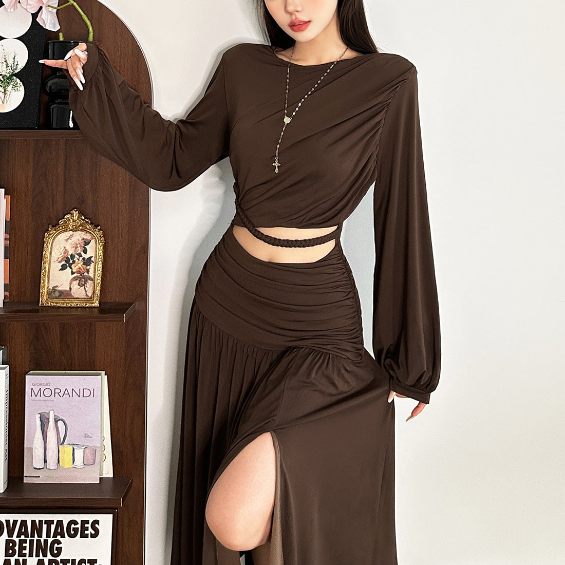 Autumn Glow Chocolate Ruched Maxi Set - Elegant Crop Top & Skirt for Fall & Holidays