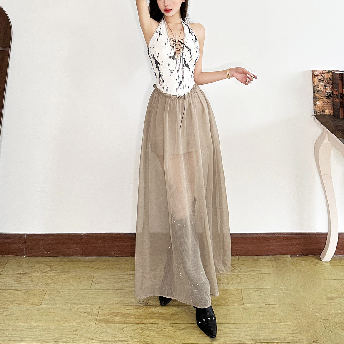 Ethereal Marble Print Halter Maxi Dress - Boho Chic Fall Layering Statement