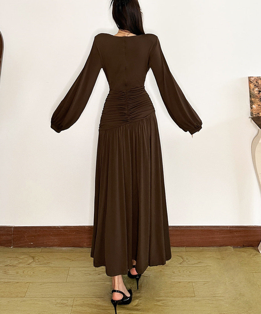 Autumn Glow Chocolate Ruched Maxi Set - Elegant Crop Top & Skirt for Fall & Holidays