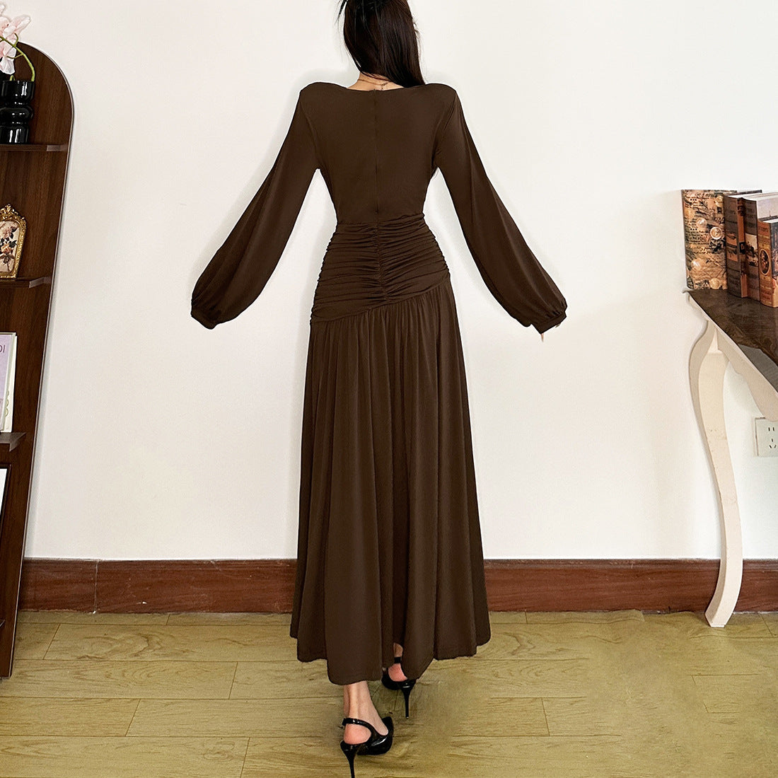 Autumn Glow Chocolate Ruched Maxi Set - Elegant Crop Top & Skirt for Fall & Holidays