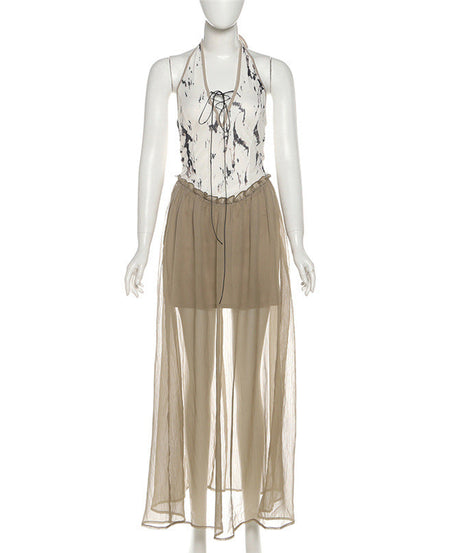 Ethereal Marble Print Halter Maxi Dress - Boho Chic Fall Layering Statement