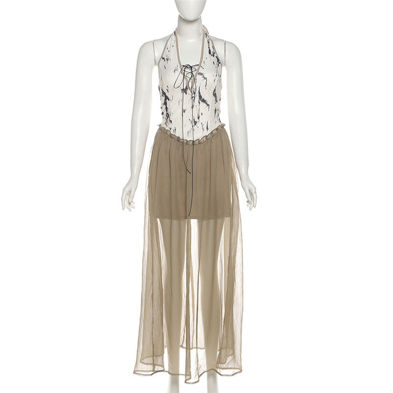 Ethereal Marble Print Halter Maxi Dress - Boho Chic Fall Layering Statement