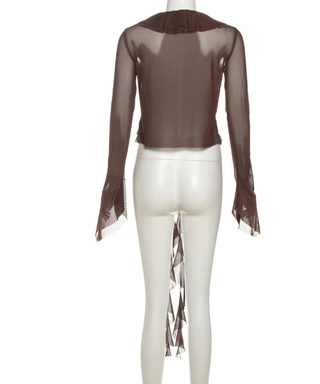 Enchanting Autumn Romance: Sheer Ruffle Bell Sleeve Top - Bohemian Layering Blouse
