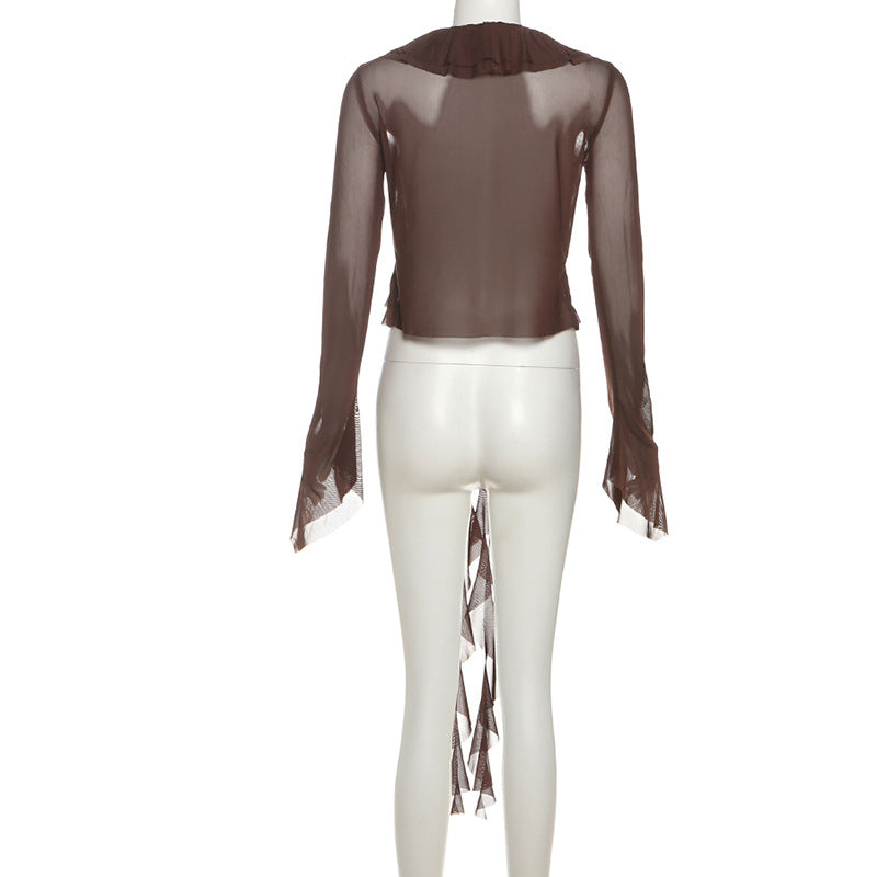 Enchanting Autumn Romance: Sheer Ruffle Bell Sleeve Top - Bohemian Layering Blouse