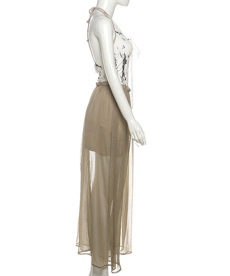 Ethereal Marble Print Halter Maxi Dress - Boho Chic Fall Layering Statement