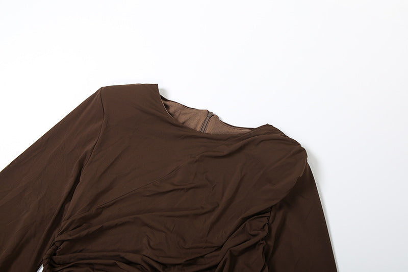 Autumn Glow Chocolate Ruched Maxi Set - Elegant Crop Top & Skirt for Fall & Holidays