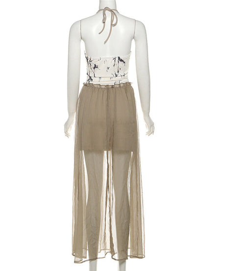 Ethereal Marble Print Halter Maxi Dress - Boho Chic Fall Layering Statement