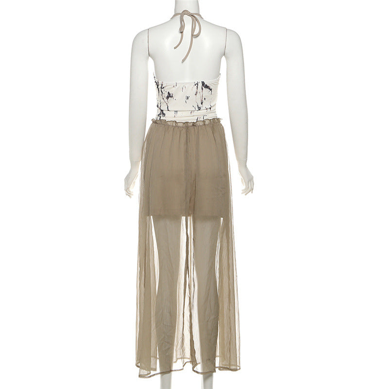 Ethereal Marble Print Halter Maxi Dress - Boho Chic Fall Layering Statement