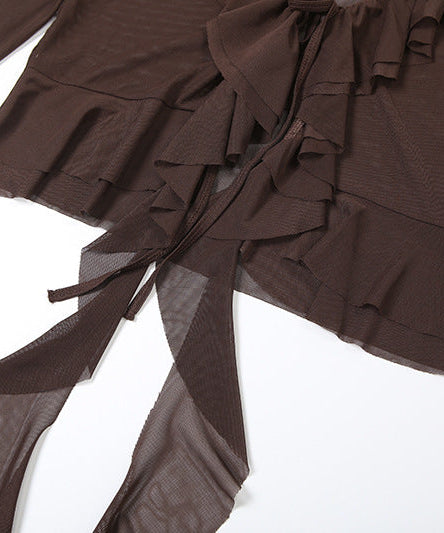 Enchanting Autumn Romance: Sheer Ruffle Bell Sleeve Top - Bohemian Layering Blouse