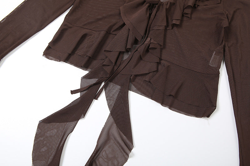 Enchanting Autumn Romance: Sheer Ruffle Bell Sleeve Top - Bohemian Layering Blouse