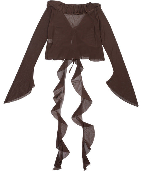 Enchanting Autumn Romance: Sheer Ruffle Bell Sleeve Top - Bohemian Layering Blouse