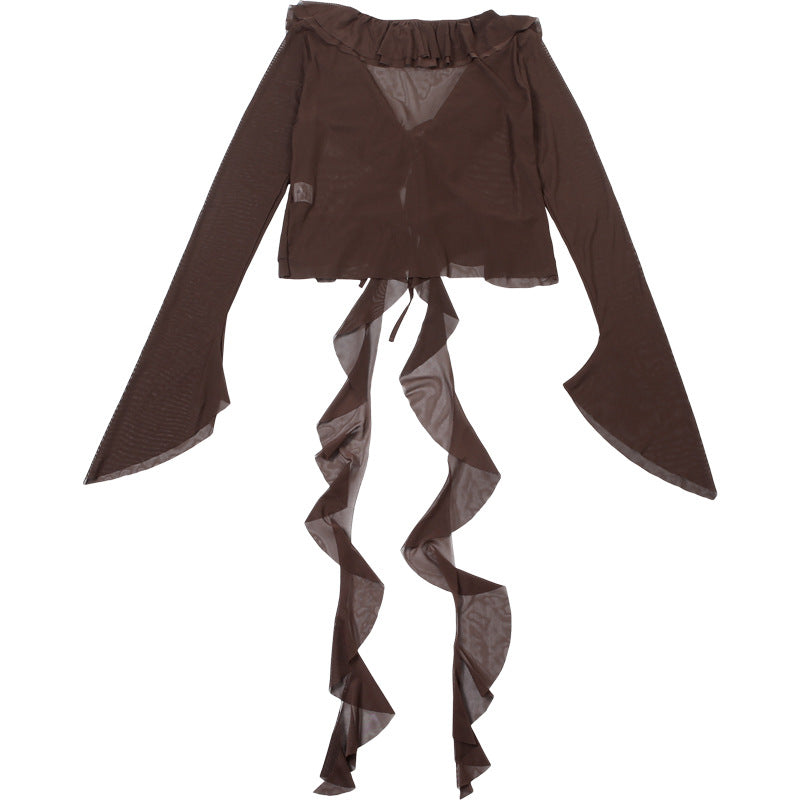 Enchanting Autumn Romance: Sheer Ruffle Bell Sleeve Top - Bohemian Layering Blouse