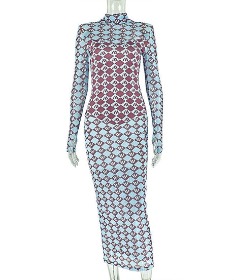 Autumn Chic Geometric Mesh Maxi Dress - Long Sleeve Statement Style
