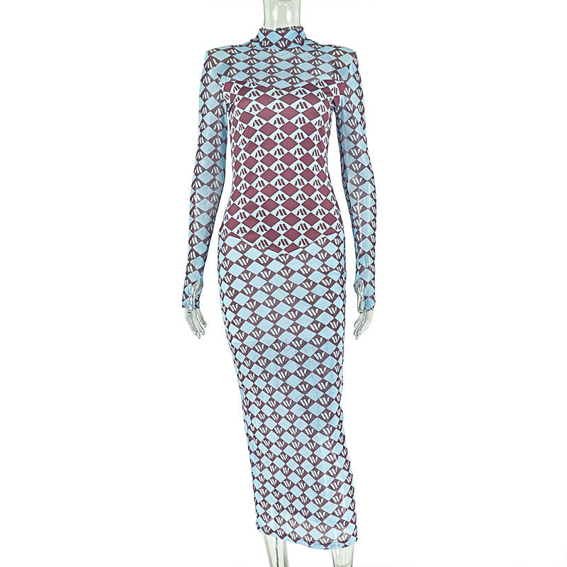 Autumn Chic Geometric Mesh Maxi Dress - Long Sleeve Statement Style