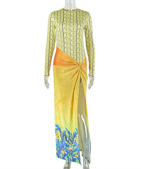 Coastal Chic Long Sleeve Maxi Dress: Ocean Print Knot Detail & High Slit for Your Warm-Weather Getaway