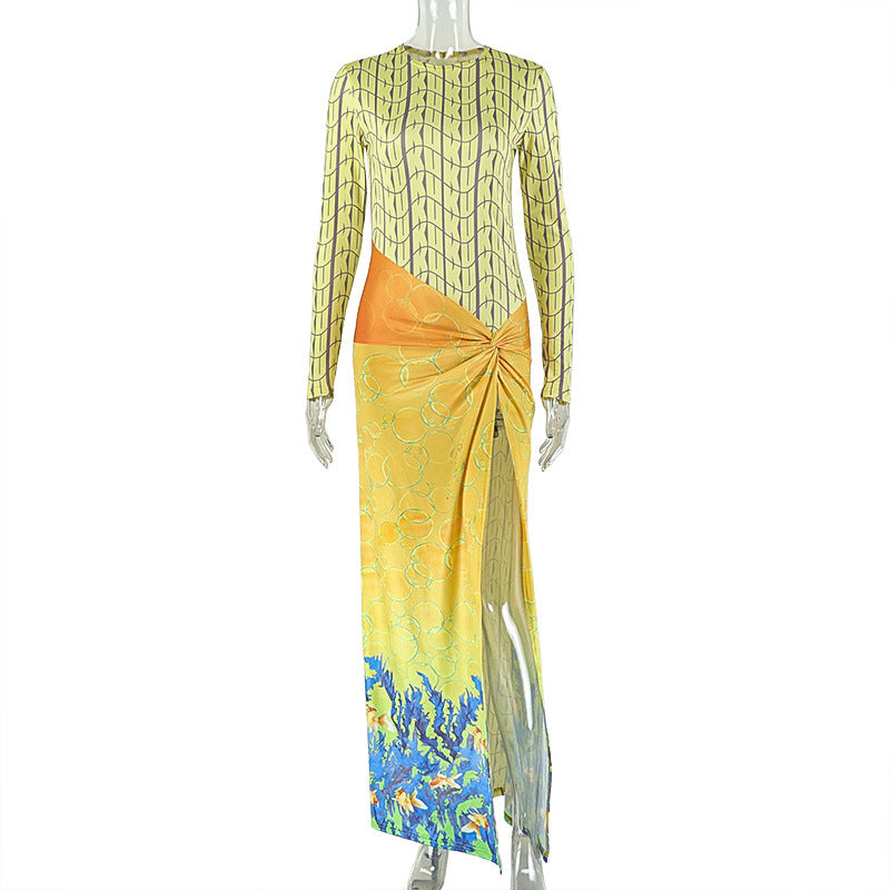 Coastal Chic Long Sleeve Maxi Dress: Ocean Print Knot Detail & High Slit for Your Warm-Weather Getaway