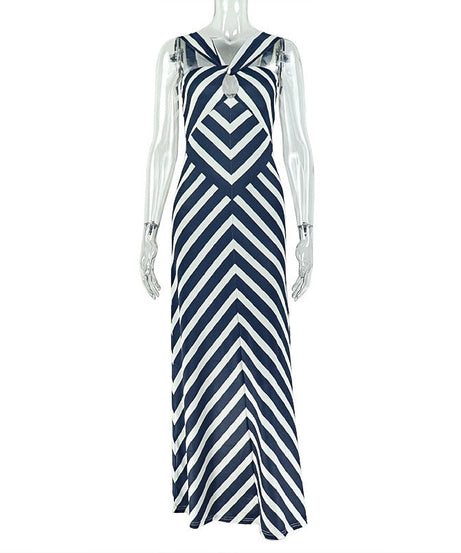Chic Navy & White Chevron Maxi Dress | Keyhole Twisted Halter for Effortless Style