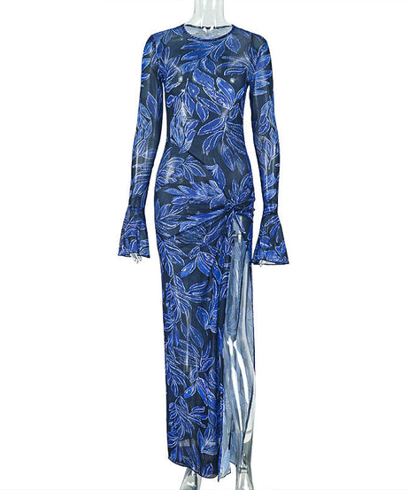 Mesmerizing Blue Leaf Mesh Maxi Dress | Flared Sleeves, Chic Slit & Knot Detail - Perfect for Fall Events & Getaways
