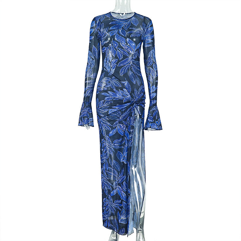 Mesmerizing Blue Leaf Mesh Maxi Dress | Flared Sleeves, Chic Slit & Knot Detail - Perfect for Fall Events & Getaways