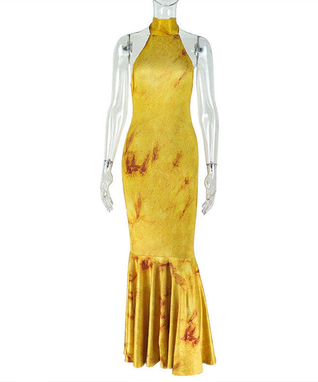 Autumn Glow Halter Mermaid Maxi Dress - Backless & Figure-Flattering Artisan Print