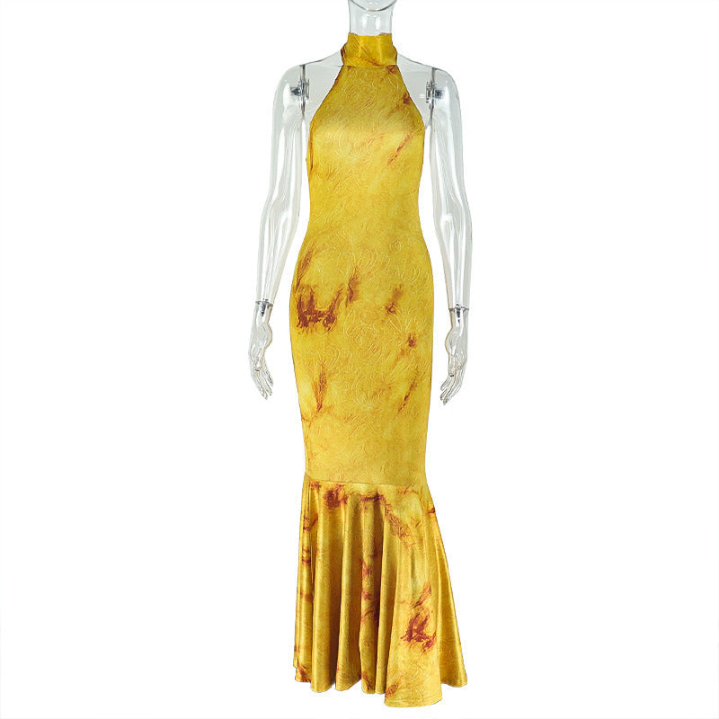 Autumn Glow Halter Mermaid Maxi Dress - Backless & Figure-Flattering Artisan Print