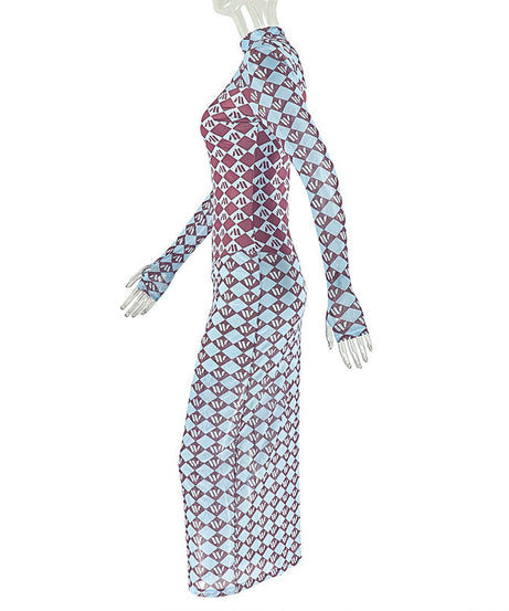 Autumn Chic Geometric Mesh Maxi Dress - Long Sleeve Statement Style
