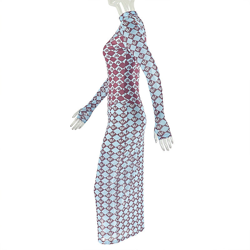 Autumn Chic Geometric Mesh Maxi Dress - Long Sleeve Statement Style