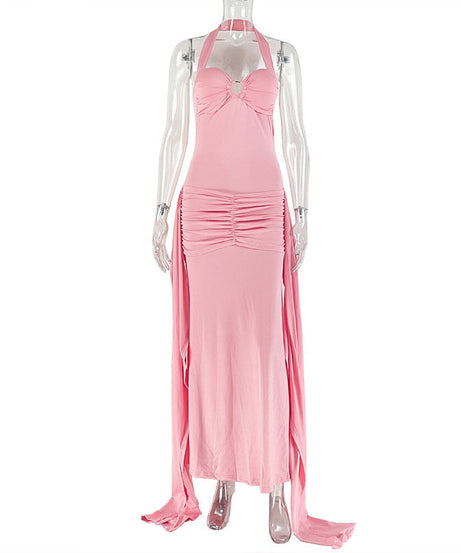 Glamorous Pink Halter O-Ring Maxi Dress | Ruched Backless for Autumn Events & Resort Getaways